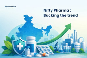 Vector illustration representing the growth and resilience of India’s pharmaceutical sector, with medicines, healthcare symbols, pharmaceutical manufacturing and an upward trend.
