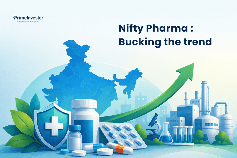 Vector illustration representing the growth and resilience of India’s pharmaceutical sector, with medicines, healthcare symbols, pharmaceutical manufacturing and an upward trend.